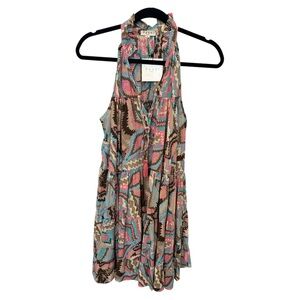 Paani Printed Racerback Tiered Tunic Dress in Pink, Teal & Brown